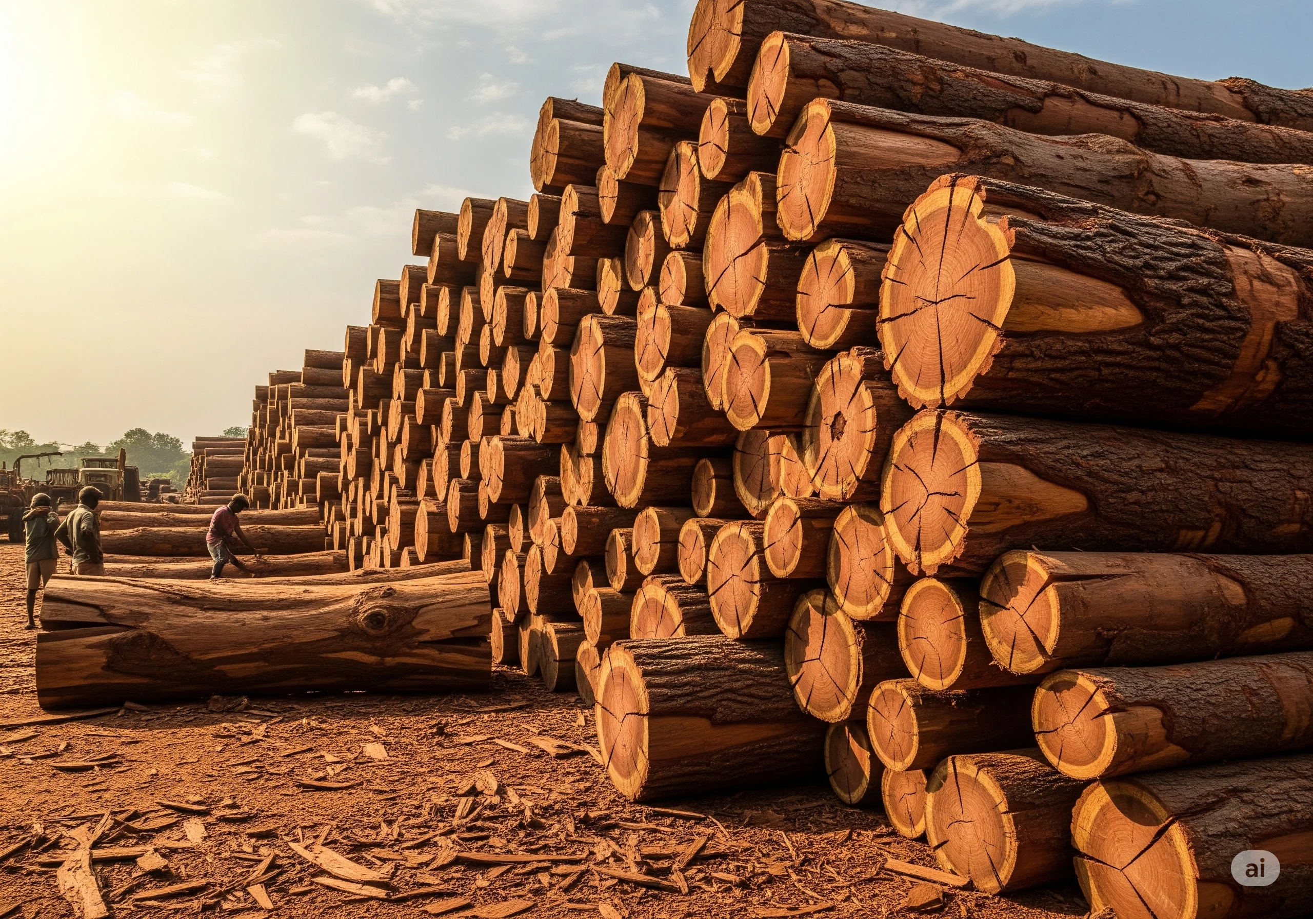 High-quality teak logs at the Acr Traders timber yard in Tamil Nadu