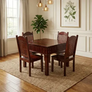 Square Teak Wood 4 Seater Dining Table with Glossy Finish