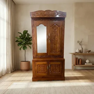 Premium Teak Wood Carved Wardrobe with Mirror Handcrafted Traditional Design