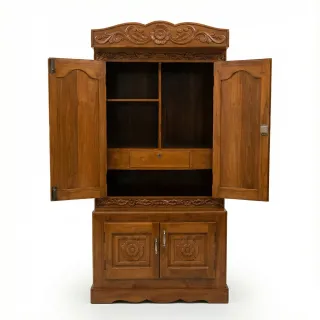 Premium Teak Wood Carved Wardrobe with Mirror Handcrafted Traditional Design