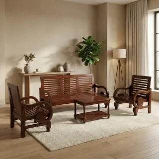 Curved Arm Teak Wood 5-Seater Sofa Set for Living Room (3+1+1) with Center Table