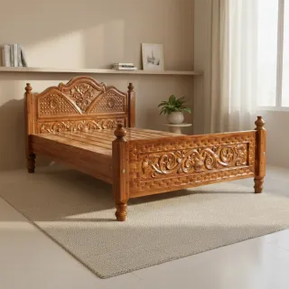 Traditional Handcrafted Solid Teak Wood King Size Cot