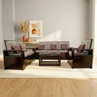 Solid Teak Wood Sofa Set 3+2+1 with Teapoy – Walnut Finish