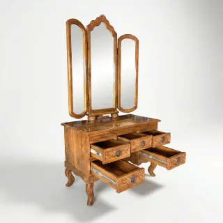 Traditional Solid Teak Wood Dressing Table with Mirror & Stool
