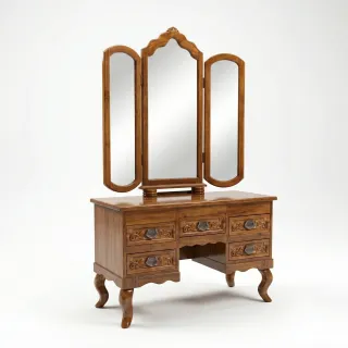 Traditional Solid Teak Wood Dressing Table with Mirror & Stool