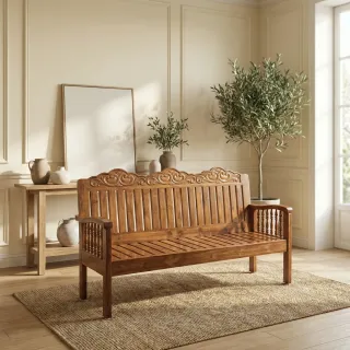 Traditional Carved Teak Wood 3 Seater Sofa