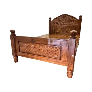 Solid Teak Wood King Size Cot with Carved Headboard
