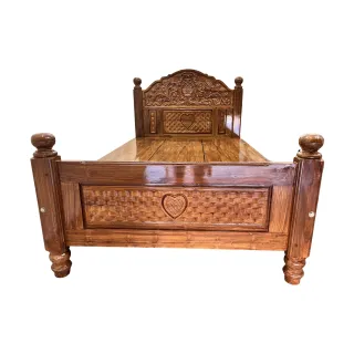 Solid Teak Wood King Size Cot with Carved Headboard