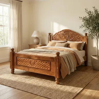 Solid Teak Wood King Size Cot with Carved Headboard