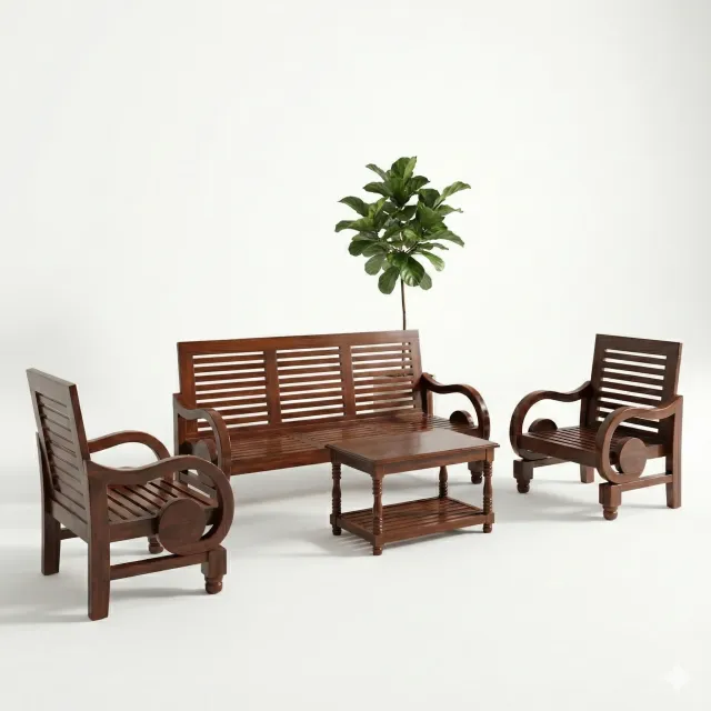 Curved Arm Teak Wood 5-Seater Sofa Set for Living Room (3+1+1) with Center Table
