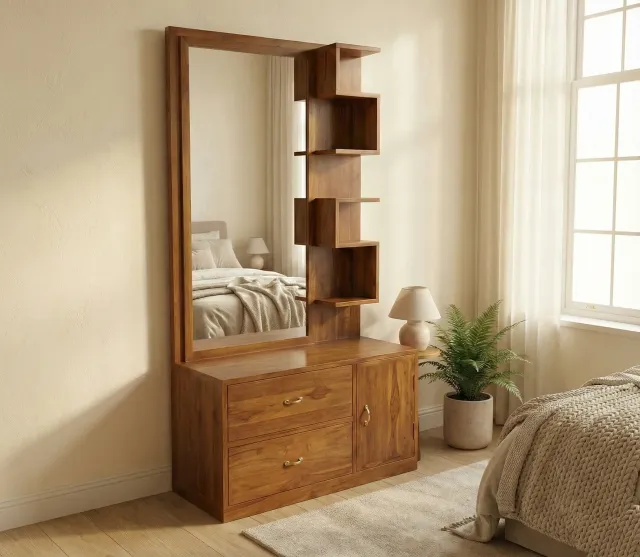 Teak Wood Dressing Table with Drawers and Brown Polished Finish