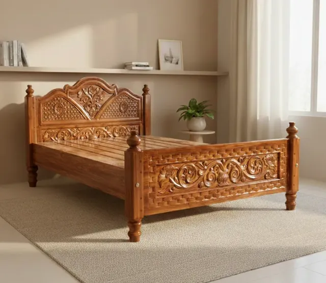 Traditional Handcrafted Solid Teak Wood King Size Cot