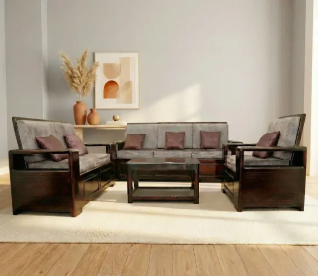 Solid Teak Wood Sofa Set 3+2+1 with Teapoy – Walnut Finish