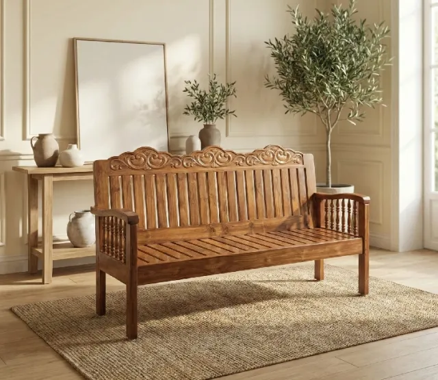 Traditional Carved Teak Wood 3 Seater Sofa