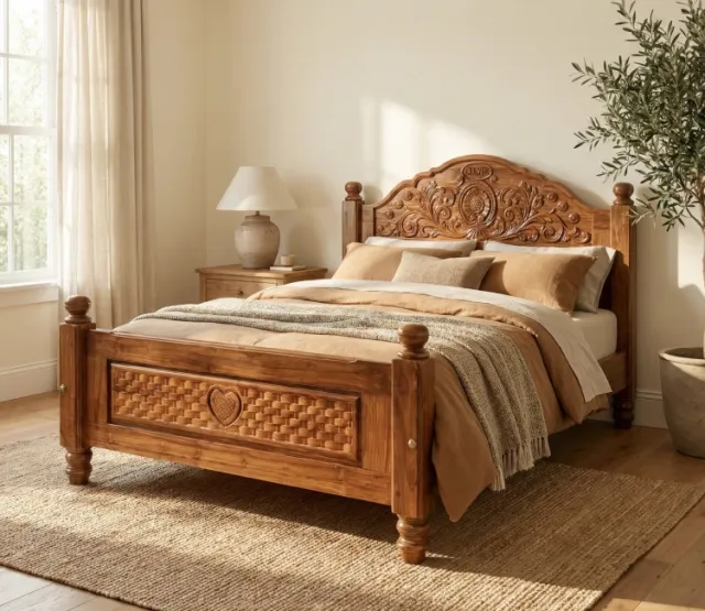 Solid Teak Wood King Size Cot with Carved Headboard