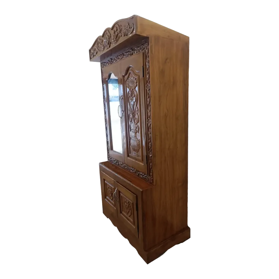 Premium Teak Wood Carved Wardrobe with Mirror Handcrafted Traditional Design