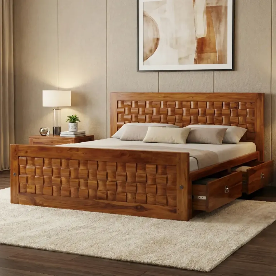Bamboo Teak Wood King Size Bed with Storage