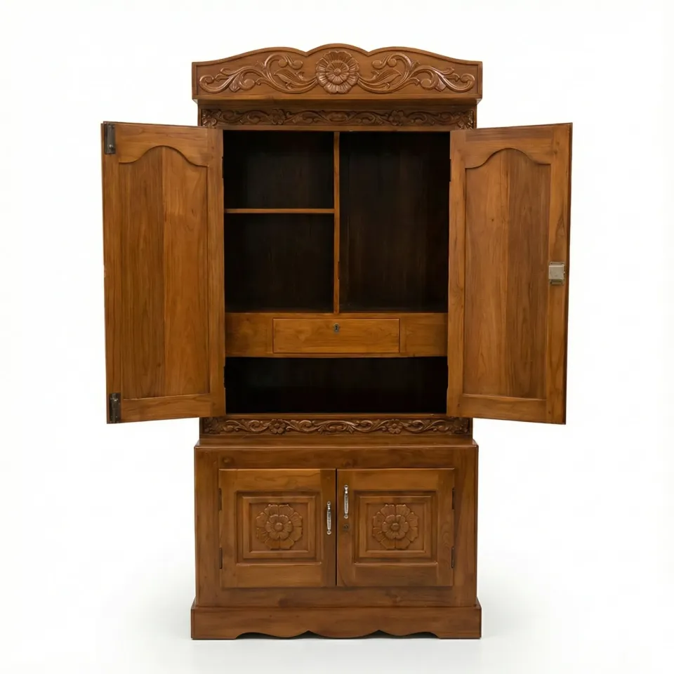 Premium Teak Wood Carved Wardrobe with Mirror Handcrafted Traditional Design