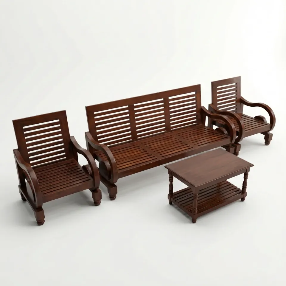 Curved Arm Teak Wood 5-Seater Sofa Set for Living Room (3+1+1) with Center Table