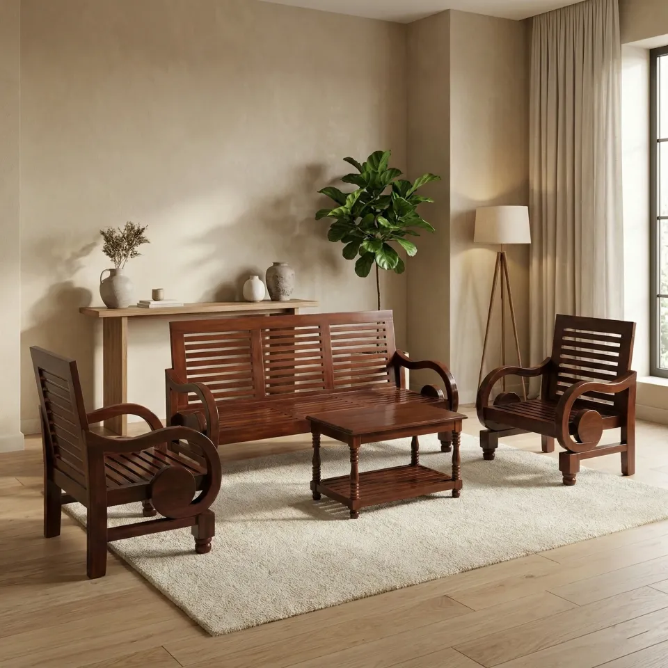 Curved Arm Teak Wood 5-Seater Sofa Set for Living Room (3+1+1) with Center Table