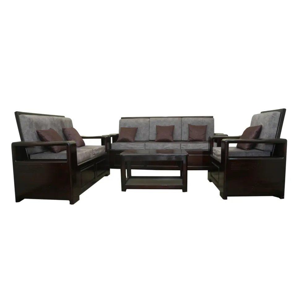 Solid Teak Wood Sofa Set 3+2+1 with Teapoy – Walnut Finish