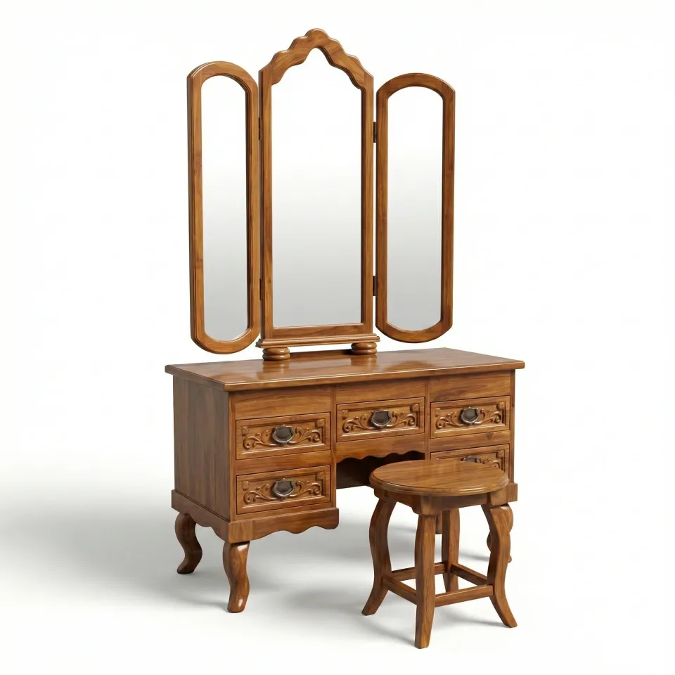 Traditional Solid Teak Wood Dressing Table with Mirror & Stool
