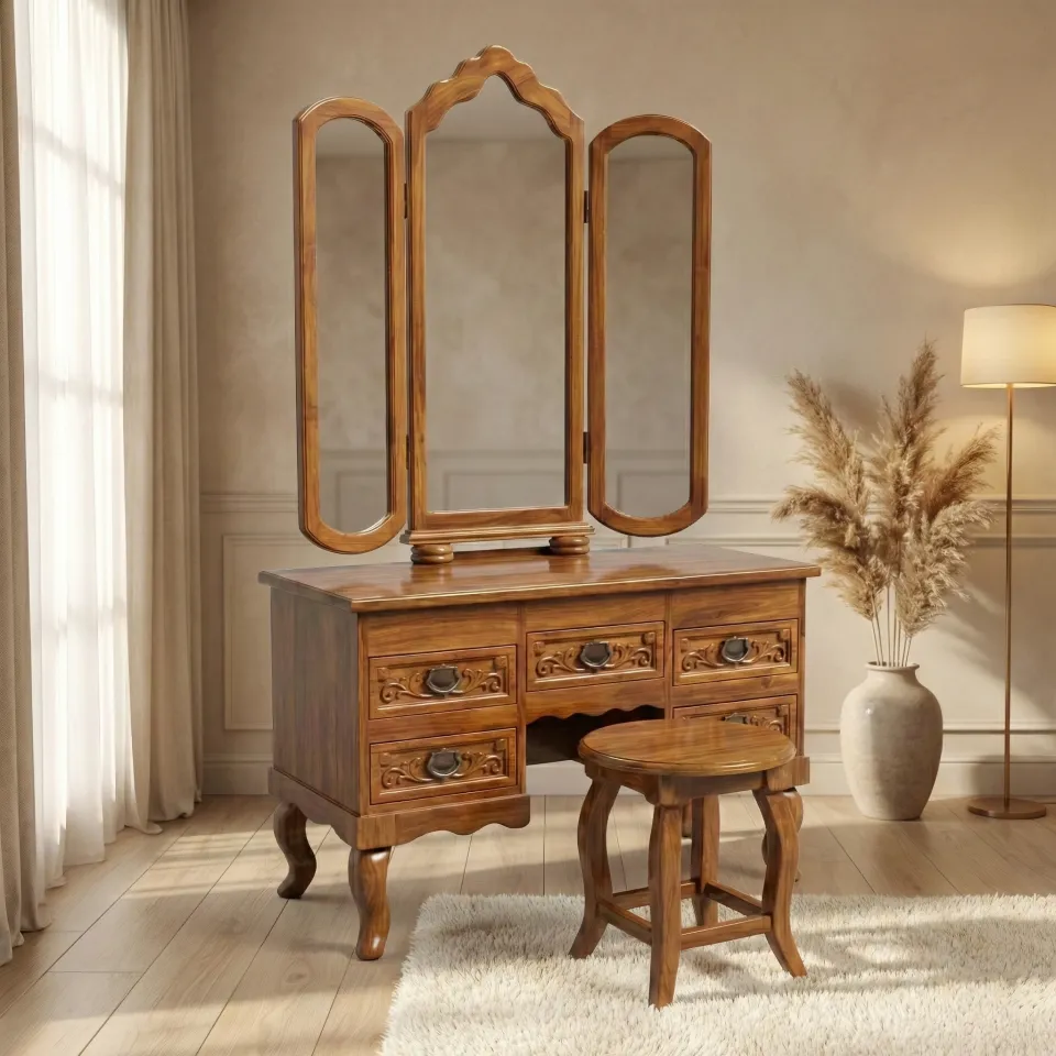 Traditional Solid Teak Wood Dressing Table with Mirror & Stool