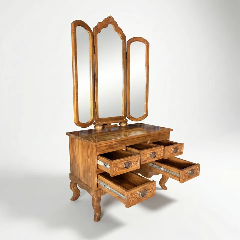 Traditional Solid Teak Wood Dressing Table with Mirror & Stool