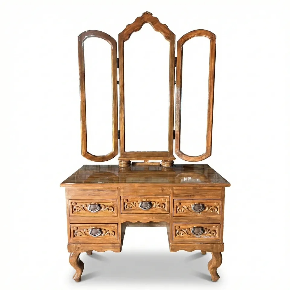 Traditional Solid Teak Wood Dressing Table with Mirror & Stool
