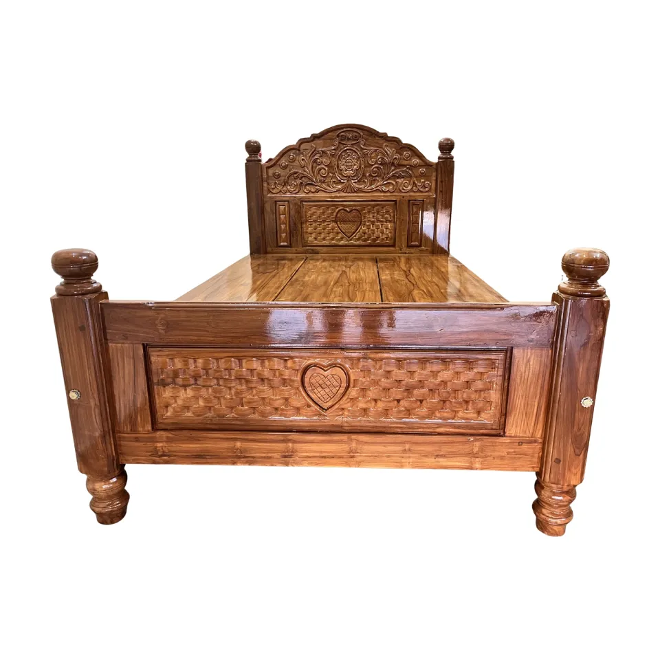 Solid Teak Wood King Size Cot with Carved Headboard