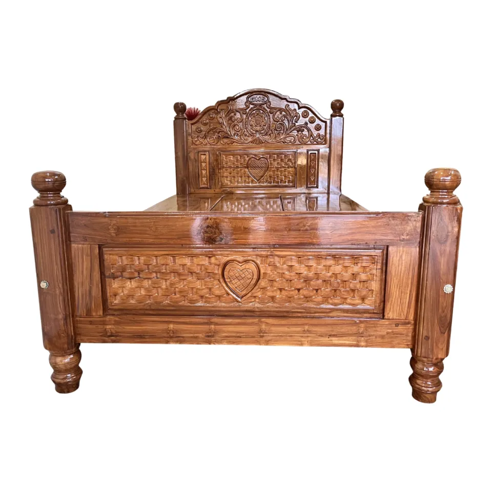 Solid Teak Wood King Size Cot with Carved Headboard