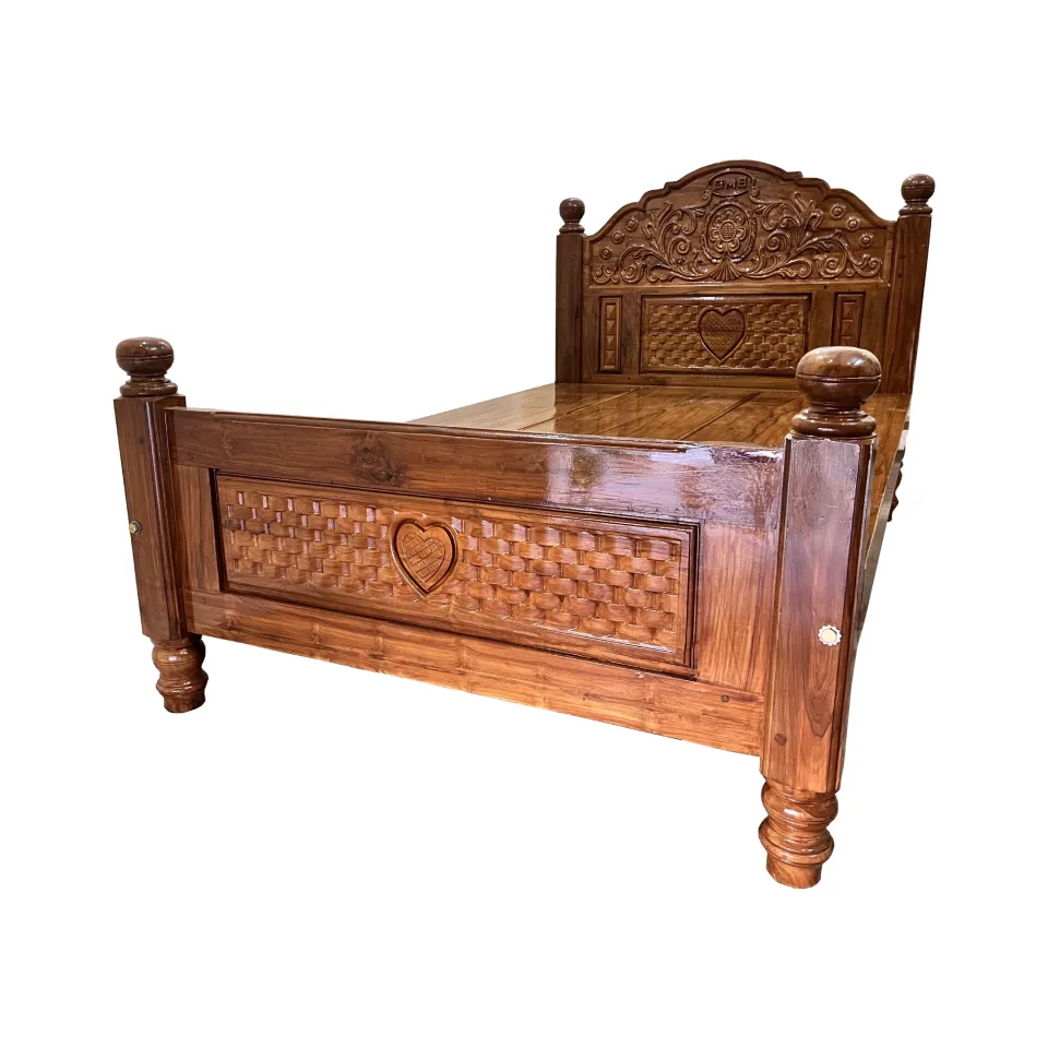 Solid Teak Wood King Size Cot with Carved Headboard