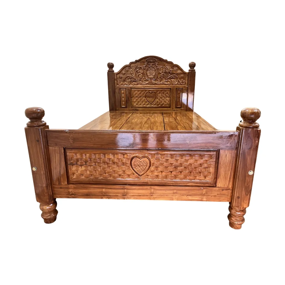 Solid Teak Wood King Size Cot with Carved Headboard